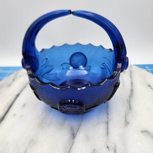Imperial glass co blue medallions split handles basket bowl