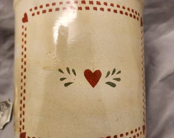 Antieke 8" Robinson Ransbottom 1 gallon blauwe kroon steengoed kruik VS Gettysburg, PA volkskunst geschilderde harten