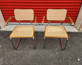 Marcel Breuer for  Cesa arm dining accent cane chair cantilever chrome made in Italy pair