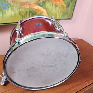 Vintage Zim-Gar snare drum Brooklyn NY made in Japan red glitter snairking 8.75 tall 12 diameter image 7