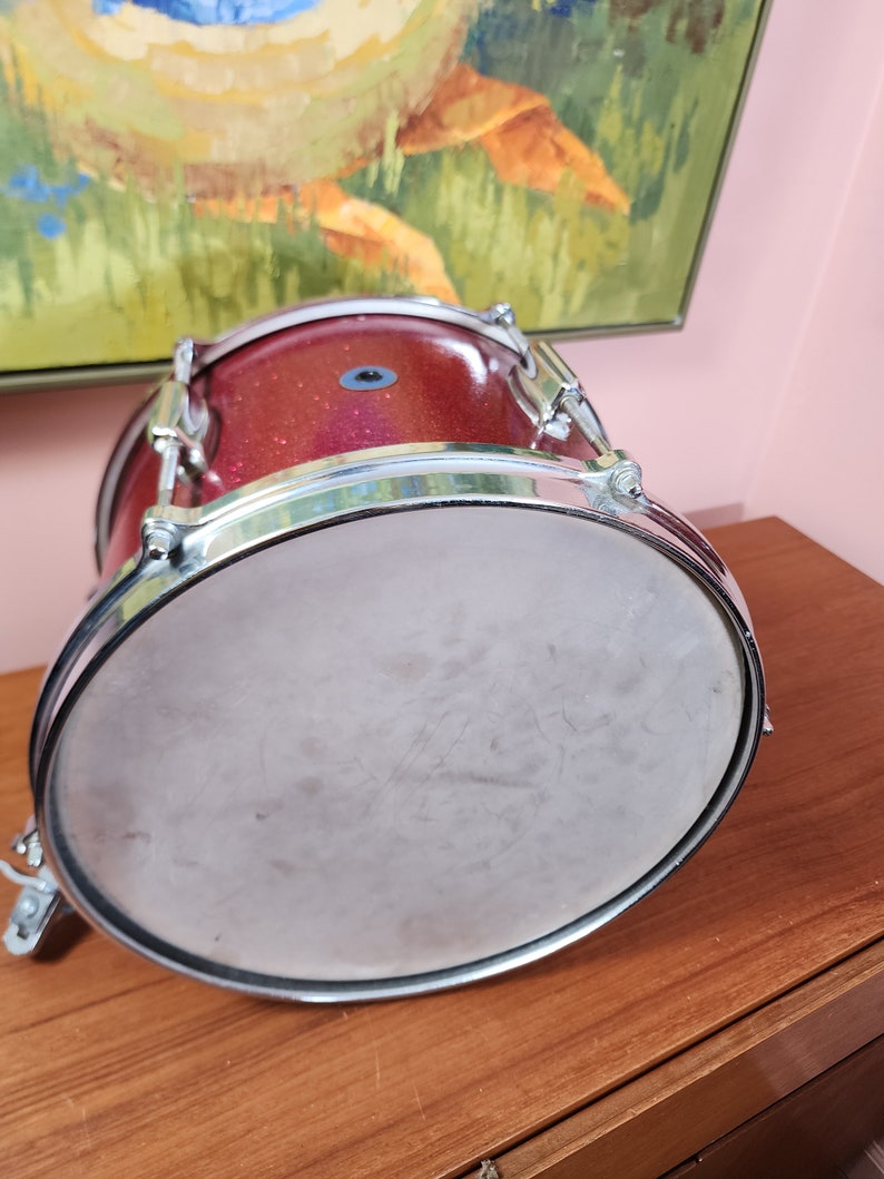 Vintage Zim-Gar snare drum Brooklyn NY made in Japan red glitter snairking 8.75 tall 12 diameter image 7