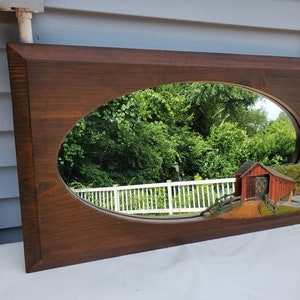Ethan allen style mirror hand carved by Connecticut wood carvers New England covered bridges W.Corwall Bridge solid oak