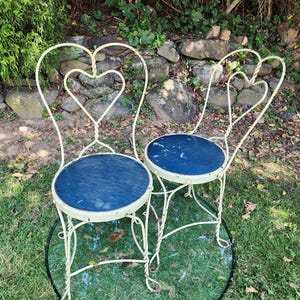 2 Antique french ice cream parlor chair light green hearts love chair blue canvas seat 35&quot; high seat 14.5&quot; 18&quot; high