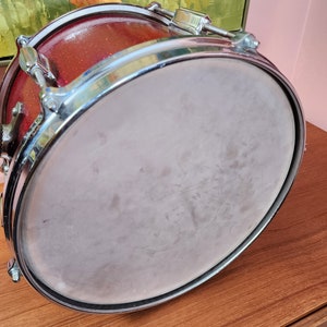 Vintage Zim-Gar snare drum Brooklyn NY made in Japan red glitter snairking 8.75 tall 12 diameter image 5