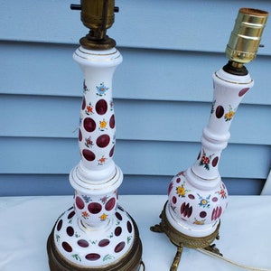 Choice of two bohemian cut glass lamp white to cranberry floral painted