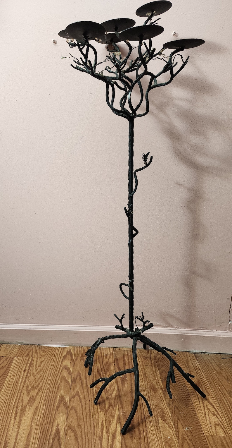 Vintage twig floor wrought-iron candle holders 7 lite candelabra resin flower blossom 45.5 high tree branch root image 3