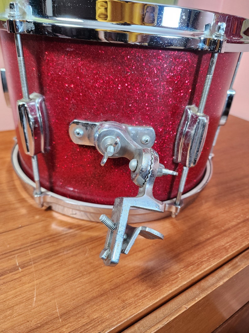 Vintage Zim-Gar snare drum Brooklyn NY made in Japan red glitter snairking 8.75 tall 12 diameter image 3