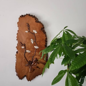 Hand carved wood wall art with inlay mother of pearl lotus
