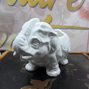 May include: A white ceramic planter shaped like an elephant. The elephant figure is depicted in a standing position with its trunk raised and textured details on its ears and body. The top of the elephant's back features an open cavity for plants.