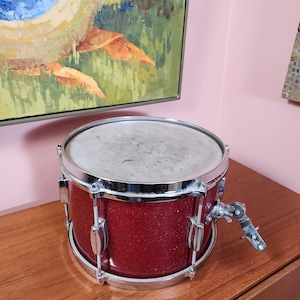 Vintage Zim-Gar snare drum Brooklyn NY made in Japan red glitter snairking 8.75" tall 12" diameter