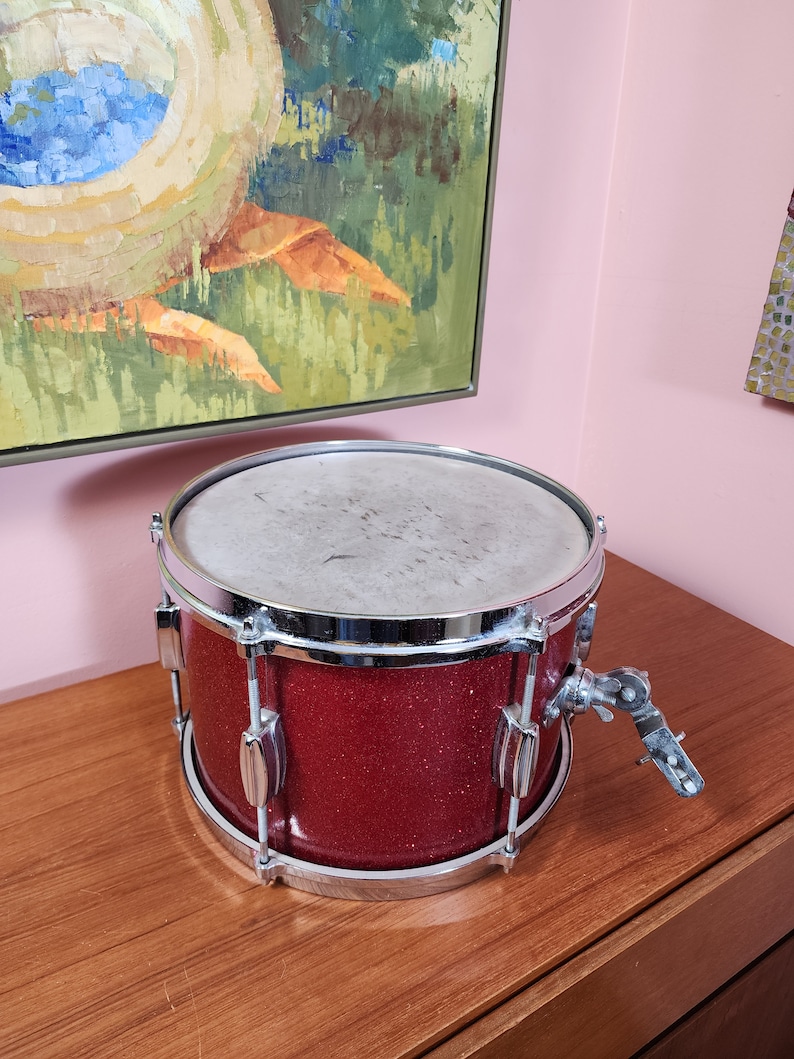 Vintage Zim-Gar snare drum Brooklyn NY made in Japan red glitter snairking 8.75 tall 12 diameter image 1