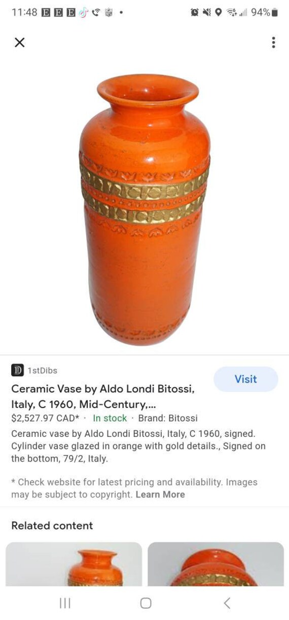 Mid Century Modern Aldo Londi Bitossi Italian Ceramic Vase Orange