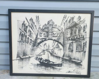 62,5 x 43,5 cm Venetiansk målning i träkol, signerad, Suckarnas bro