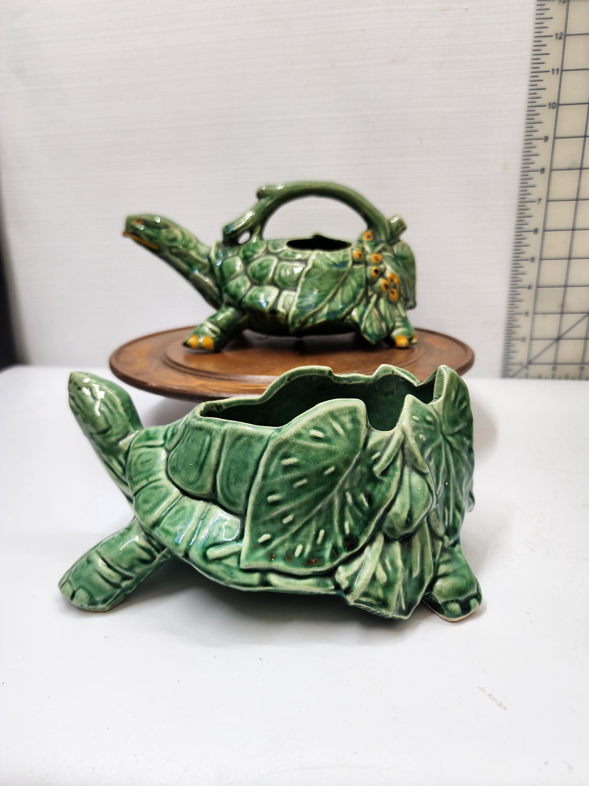 Two Vintage 1940s Mccoy Green Jade Turtle Leaf Planter Pottery