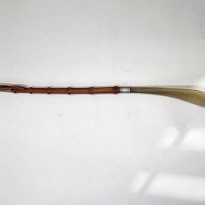 May include: A brown wooden shoe horn with a leather handle and a curved, light brown plastic tip.