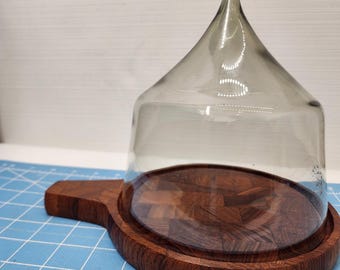 Mid-century modern cheese smoke glass dome by Benny Motzfeldt dome  with teak wood base handle 6.5"x7.5" closhe dome 5in clearance