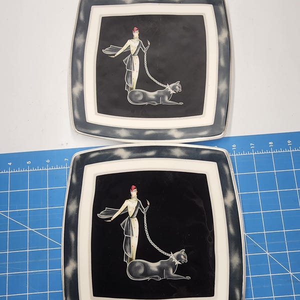 Italian Ceramics  ICC Wild Cats Art Deco Black Panther Square Plate Dish Italy 8.75"salad plate