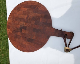 Mid-century modern teak  round cutting board end grain  starved teak leather hanging strap