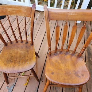 Two Early American Antique  colonial chair Antique 19th century  plank  slab seat single plank maple and oak rabbit ear