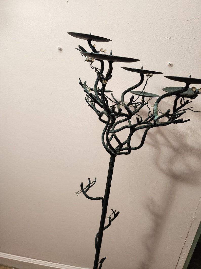 Vintage twig floor wrought-iron candle holders 7 lite candelabra resin flower blossom 45.5 high tree branch root image 6