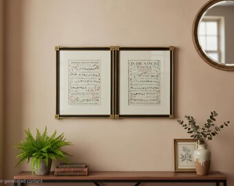 2 (27.25"x12.5")Antique 18th century Vellum Antiphonal leaves Antiphonary Framed Music newer hand painted flowers Picture hand painted