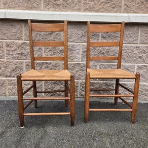 Two Antique shaker ladder back  dining chair rush seat maple 19th century