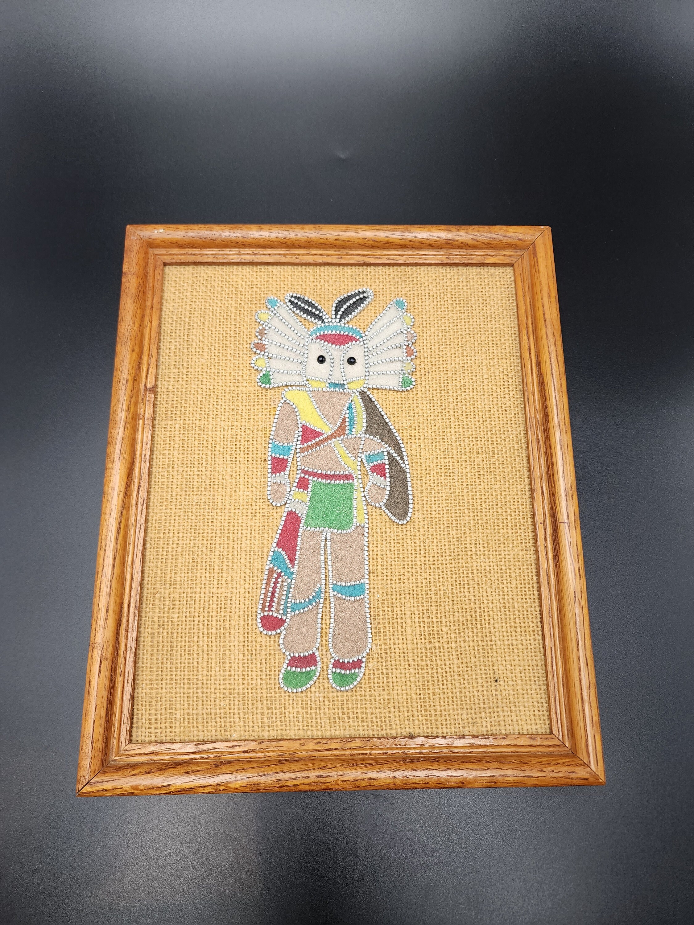 ネイティブアメリカン 砂画 Vintage Painted Native American Zipper Sand Art Oak Frame 10