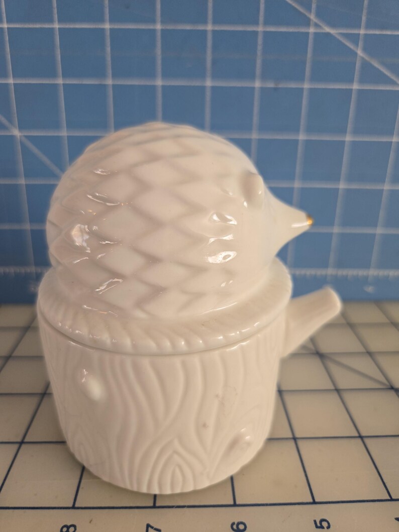 May include: White ceramic hedgehog trinket box with a tree trunk design. The lid is shaped like a hedgehog with a gold accent on the nose.