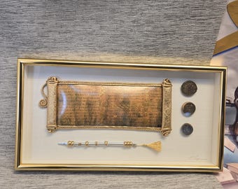 19"x9.75"x1" Orna Amrani replica the dead sea scroll Signed Framed Mixed Media Judaica gold frame