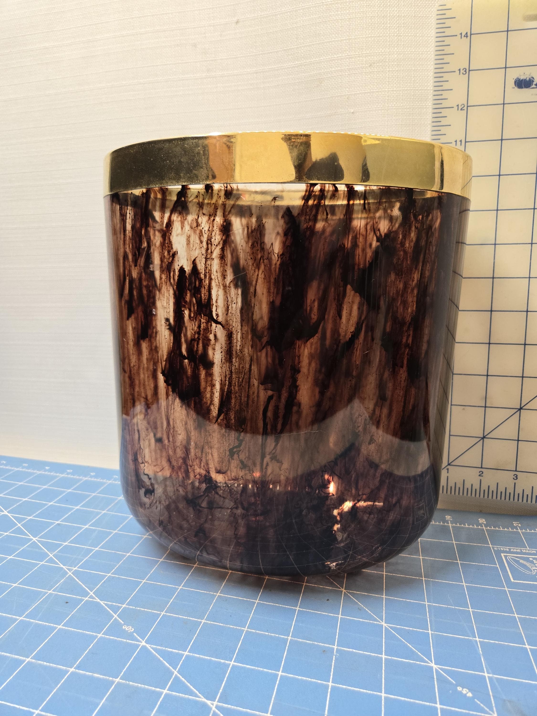 Dior Style Faux Tortoise Lucite Wastebasket With Brass