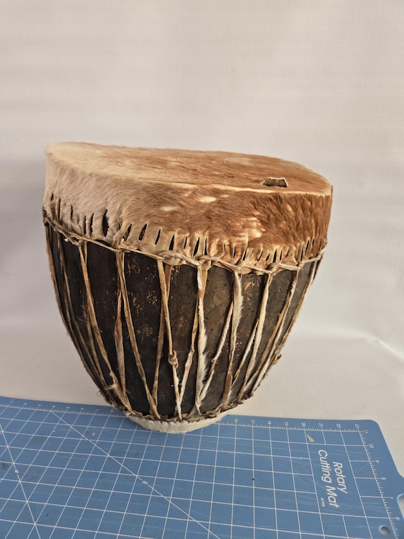 AntiqueTribal Double Drum 14" Drum dia 15 inch tall Wood & Skin
