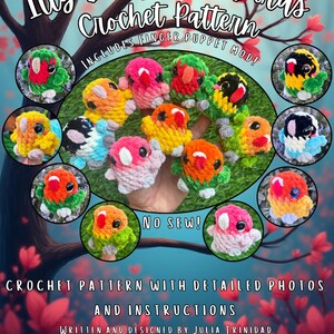 May include: A crochet pattern for Itty Bitty Love Birds finger puppets. The image shows a variety of colorful, handmade bird puppets in shades of pink, orange, yellow, green, and blue. The pattern includes detailed photos and instructions. The text says "No Sew!"