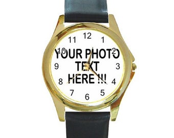 Nuevo personalizado personalizado Personalizado Su Logotipo Diseño Foto Texto Redondo Oro Metal Reloj ENVÍO GRATIS