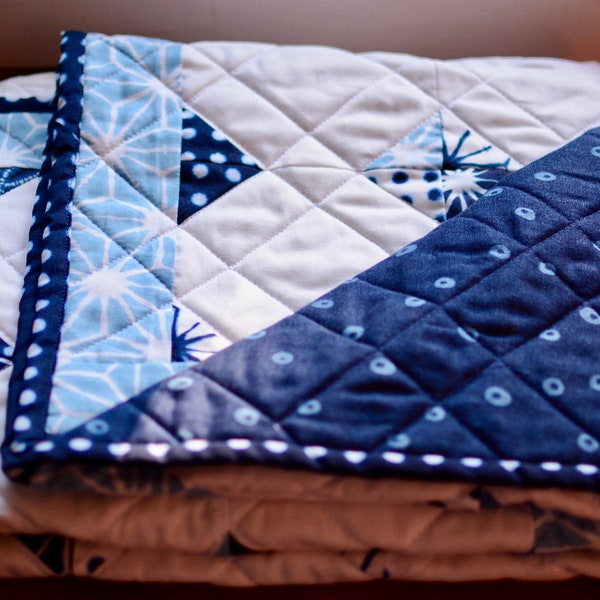 Baby quilt, Shibori fabric baby quilt, Blue patchwork baby quilt, Boho baby quilt