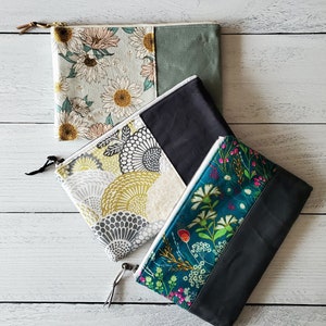 Zipper pouch, floral fabric with waxed canvas accent, kindle case, pencil case