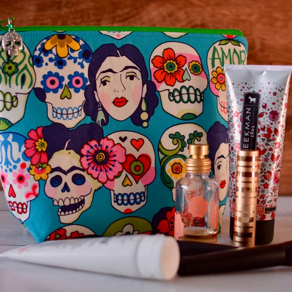 Cosmetic bag, Frida Kahlo zipper pouch, Day of the Dead zipper pouch