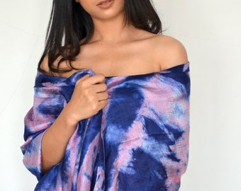 100% Silk Tie Dye Scarf Women Fashion Ethnic Style Scarf Shawls Wraps Multicolor Midnight Blue PN-01-TDSS-07