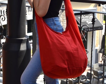 Bohemian Hippie Style Bag Soft Cotton Sling Crossbody Messenger Bag Purse Hobo Monk Buddha Clothing Large Ruby Red PN-01-SBG-04