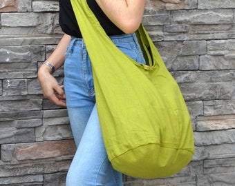 Bohemian Hippie Style Bag Soft Cotton Sling Crossbody Messenger Bag Purse Hobo Monk Buddha Clothing Large Lime Green PN-01-SBG-17