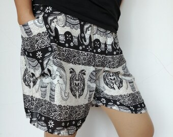 Women Shorts Fair Trade Bohemian Style Print Design Casual Beach Hippie Tribal Rayon Shorts Gypsy Thai Elephant Yoga Pants PN-01-SHO-06