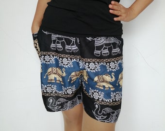 Women Shorts Fair Trade Bohemian Style Print Design Casual Beach Hippie Tribal Rayon Shorts Gypsy Thai Elephant Yoga Pants PN-01-SHO-06