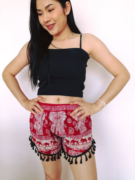 Women Shorts Fair Trade Bohemian Style Print Design Casual Beach Hippie Tribal Rayon Shorts Gypsy Thai Elephant Yoga Pants PN-01-SHO-06