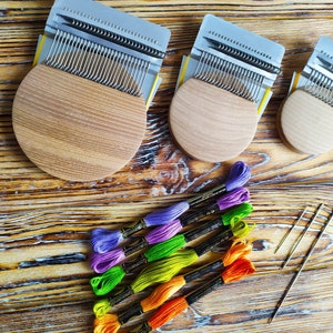 Set of three mending loom/tools 28 hooks, 21 hooks, 14 hooks/ Speedweve type/ with a set of needles and yarns.