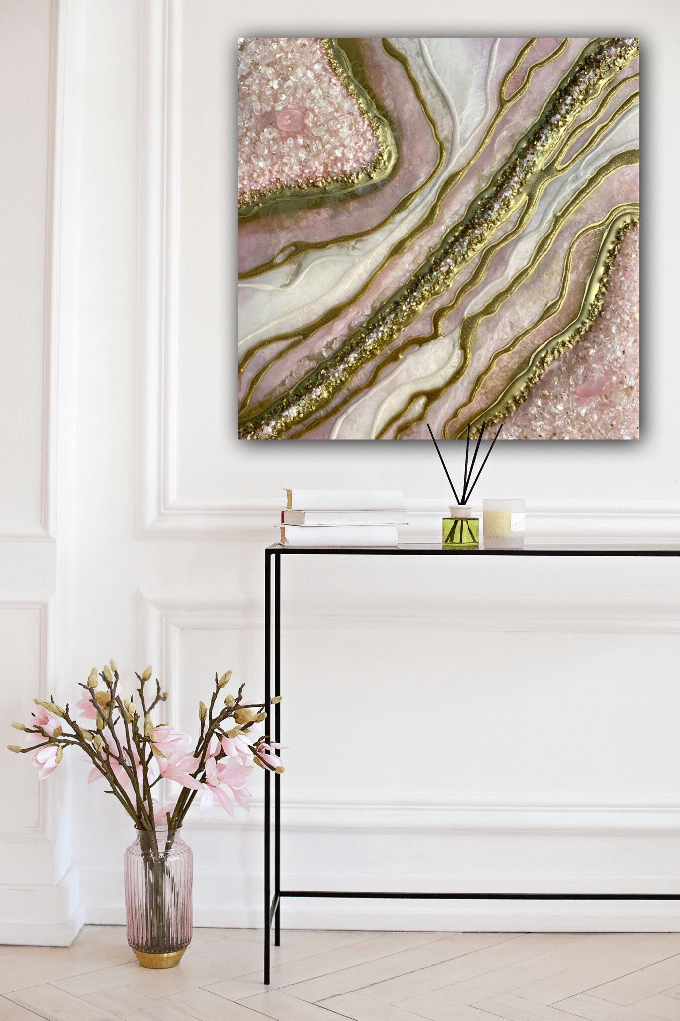 Tableau Géode en Résine Rose et Or