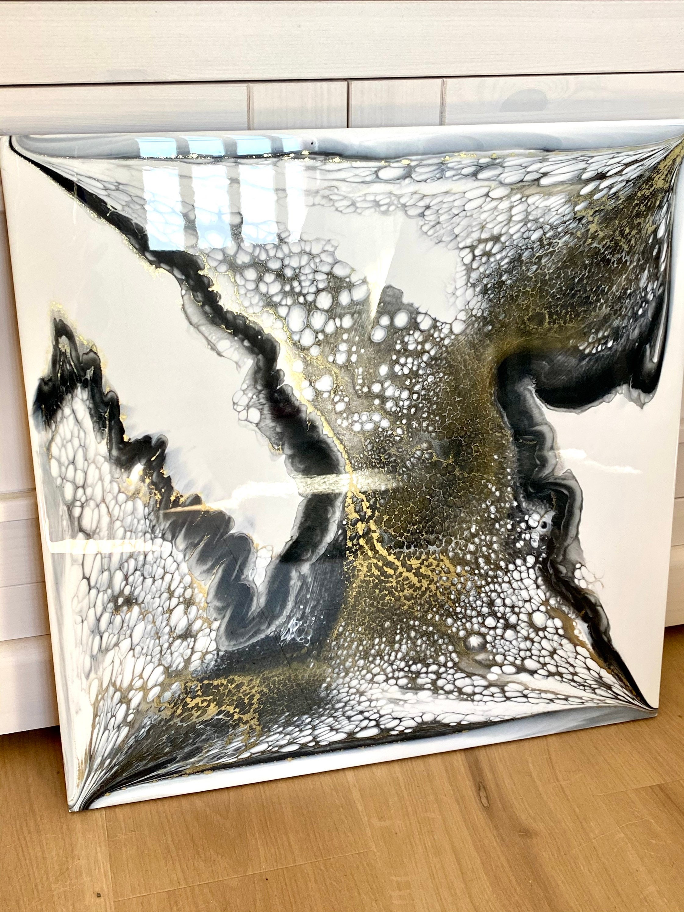 Tableau Résine en Noir, Or et Blanc