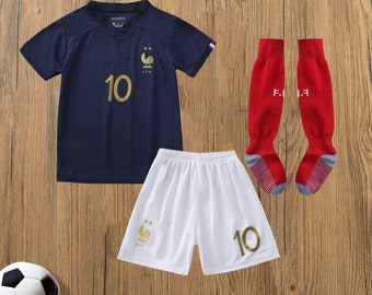 Mbappe Kids Jersey and Shorts,France 2022 Home Kylian Mbappe #10 Kids Soccer Uniform Jersey Shors Socks for Boys Girls Cup Paris Youth Sizes
