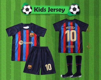 Camiseta de Barcelona, traje de fútbol Messi, traje de pelota de manga corta para niños adultos, uniformes para niños del Club Barcelona en casa 23-24 personalizables