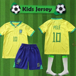 Brazil Kids Set,Soccer Uniform,Brazil Jersey & Shorts,Brasil 2022 Home Jersey,Brazil 2022 PELE Home Kids Soccer Uniform Jersey Shorts Socks image 1