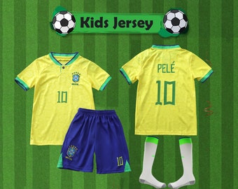 Brazilië kinderset, voetbaluniform, Brazilië shirt en shorts, Brazilië 2022 thuisshirt, Brazilië 2022 PELE thuis kindervoetbaluniform Jersey shorts sokken
