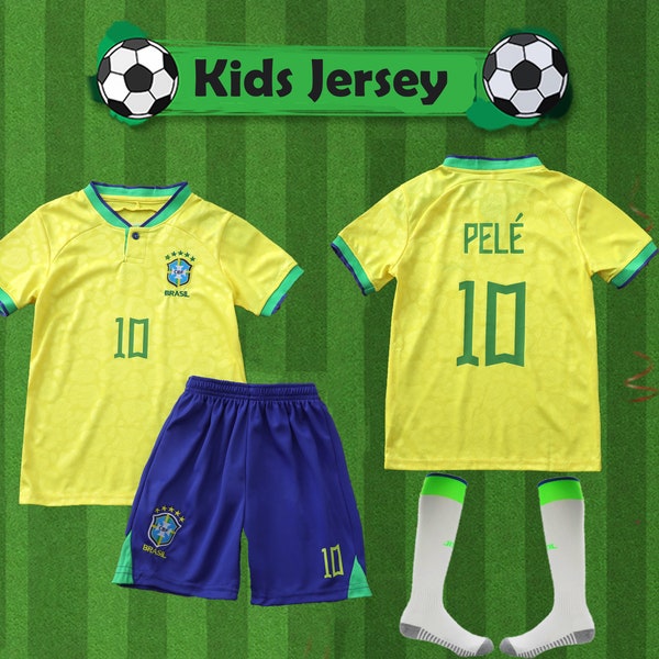 Set Brasile per bambini, uniforme da calcio, maglia e pantaloncini Brasile, maglia Brasile 2022 Home, maglia Brasile 2022 PELE Home per bambini, uniforme da calcio, pantaloncini, calzini